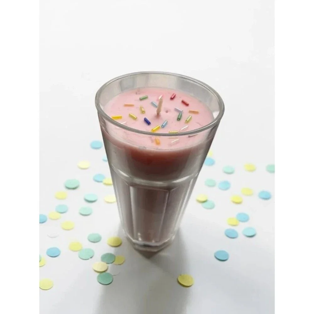 Pink Milkshake Dessert Candle w/ Rainbow Sprinkles – Novelty Glass Candle